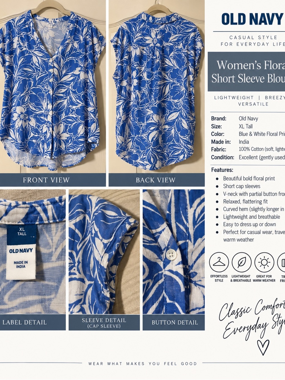 Old Navy Blue and White Floral Cap-Sleeve Blouse